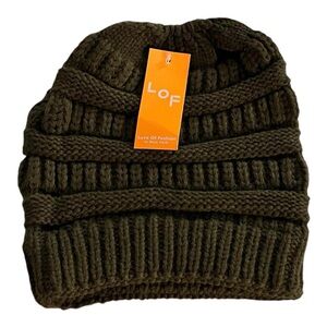 NWT LOF New York Olive Green Cable Knit Beanie Hat